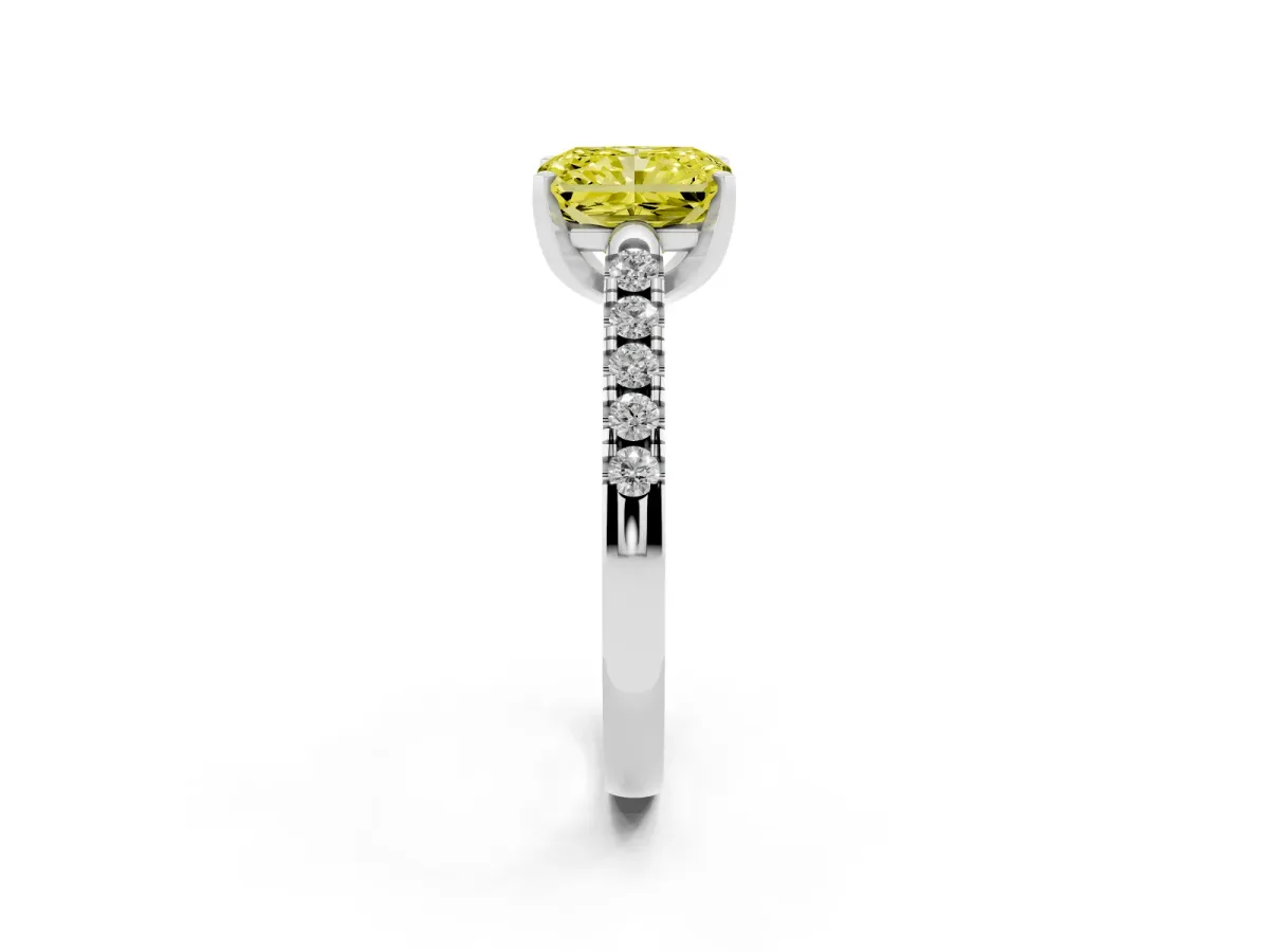 Fancy Yellow Radiant Cut Diamond Pavé Band Solitaire Ring with Prong Setting Silver