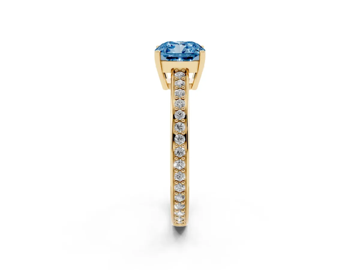 Fancy Blue Cushion Cut Solitaire Pavé Band Prong Setting Ring Yellow gold