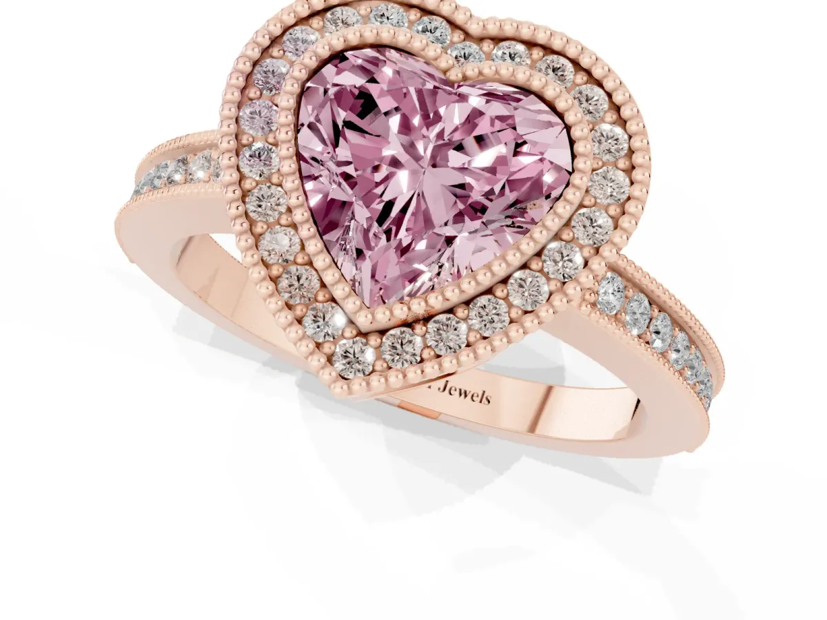 Fancy Pink Heart Cut Cut Halo Diamond Ring with Pavé Band and Milgrain Prong Setting Rose gold