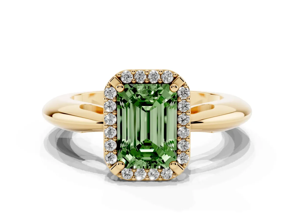 Fancy Green Emerald Cut Cut Diamond Halo Engagement Ring with Split Shank and Four-Prong Setting Yellow gold