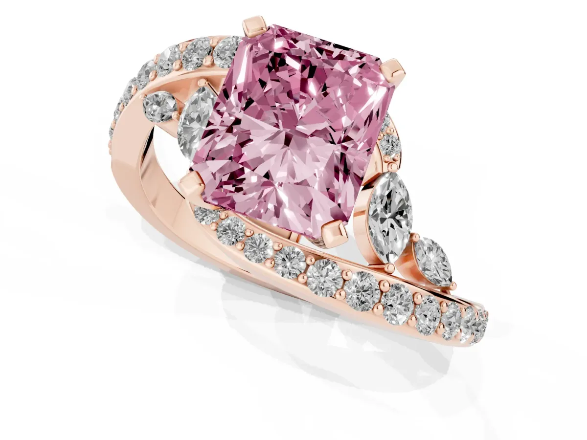 Fancy Pink Radiant Cut Solitaire with Pavé Twist Band and Four-Prong Setting Rose gold