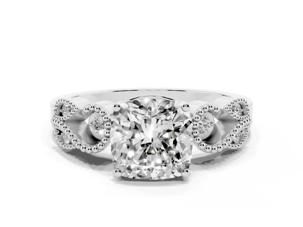 Cushion Cut Solitaire Milgrain Leaf Band with Prong Setting White gold