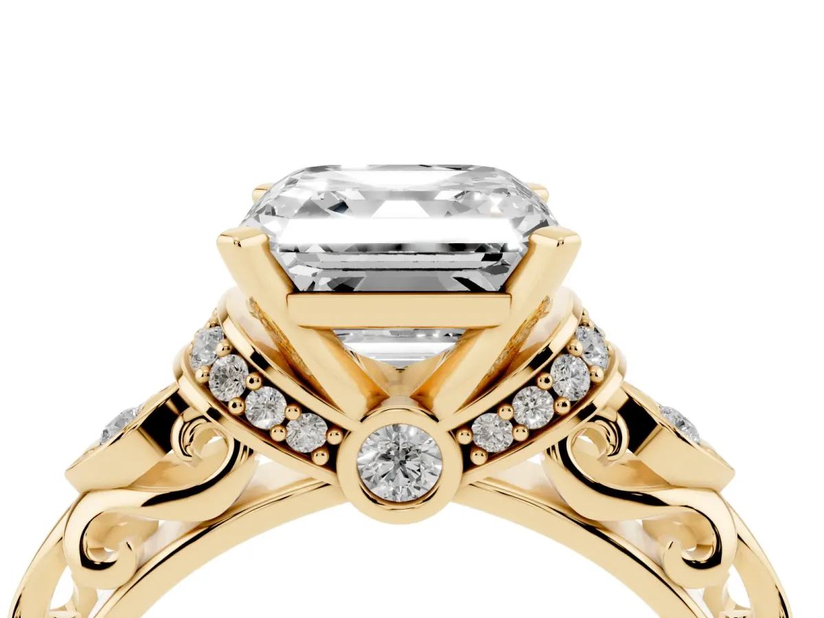 Asscher Cut Diamond Solitaire Ring with Filigree Band and Four-Prong Setting Yellow gold