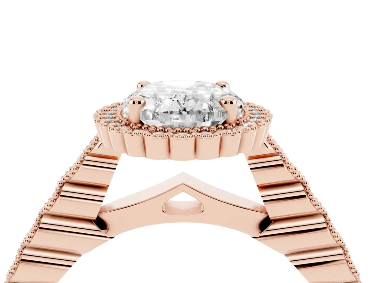 Oval Cut Cut Halo Pavé Solitaire Ring with Milgrain Band Rose gold