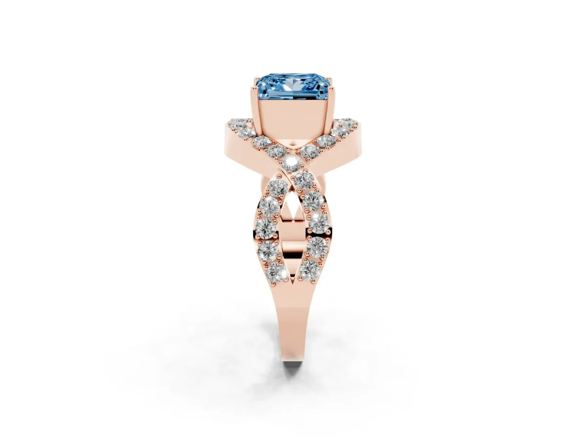 Fancy Blue Princess Cut Solitaire Twist Band Pavé Diamond Engagement Ring Rose gold