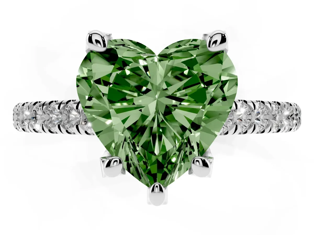 Fancy Green Heart Cut Brilliant Diamond Solitaire with Pavé Band and Four-Prong Setting White gold