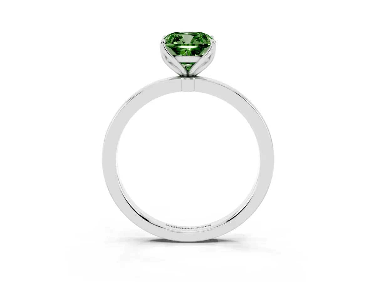 Fancy Green Cushion Cut Diamond Solitaire Ring with Thin Band and Prong Setting White gold