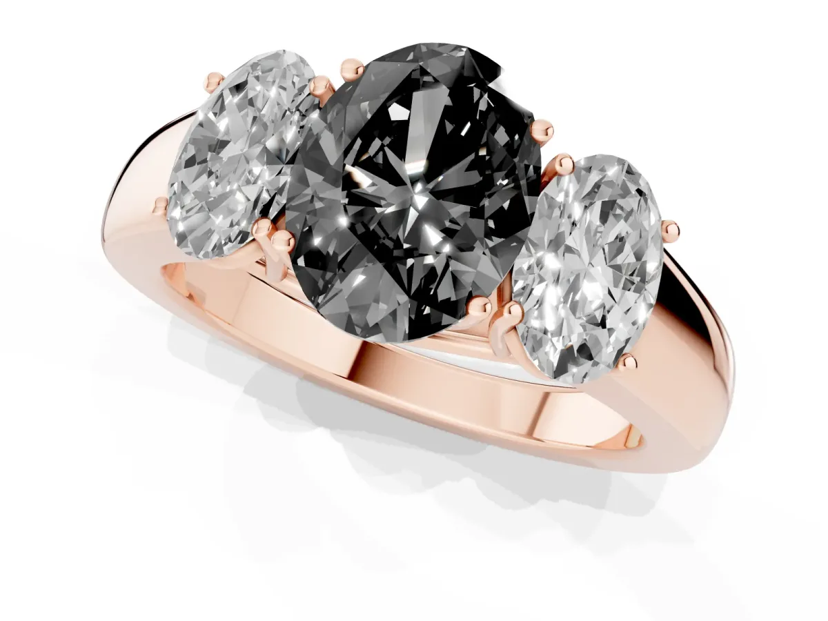 Fancy Black Three-Stone Oval Cut Cut Diamond Ring with Prong Setting and Classic Band Rose gold
