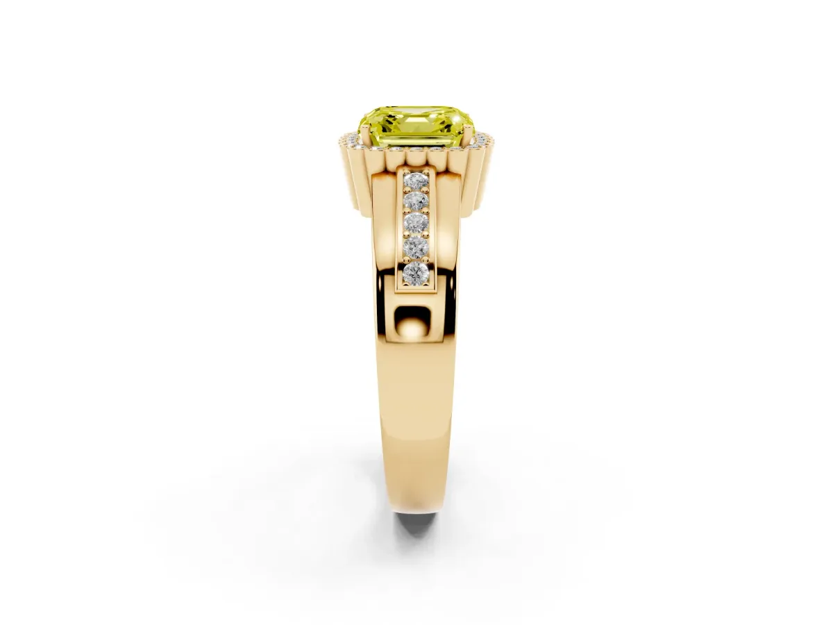 Fancy Yellow Asscher Cut Cut Halo Pave Band Four-Prong Ring Yellow gold