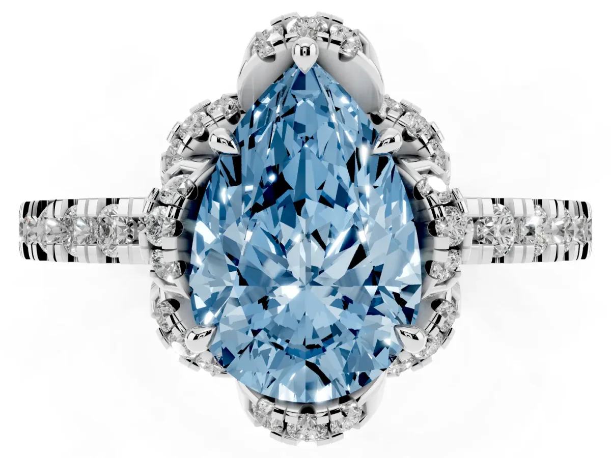 Fancy Blue Pear Cut Halo Diamond Pave Band Ring with Four-Prong Setting Silver