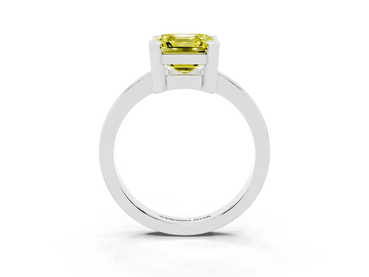 Fancy Yellow Asscher Cut Cut Solitaire Ring with Four-Prong Setting and Classic Band Silver