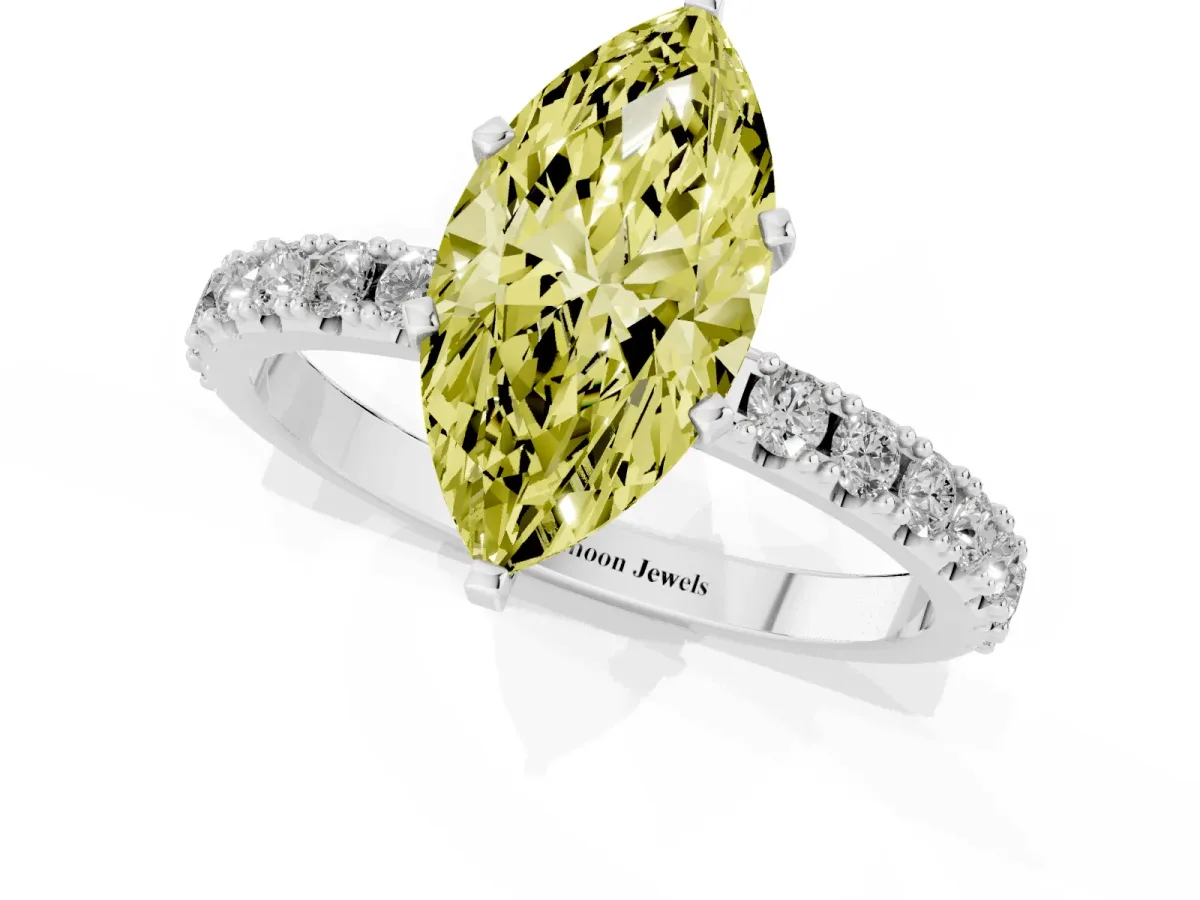 Fancy Yellow Marquise Cut Diamond Solitaire Pavé Band with Four-Prong Setting Silver