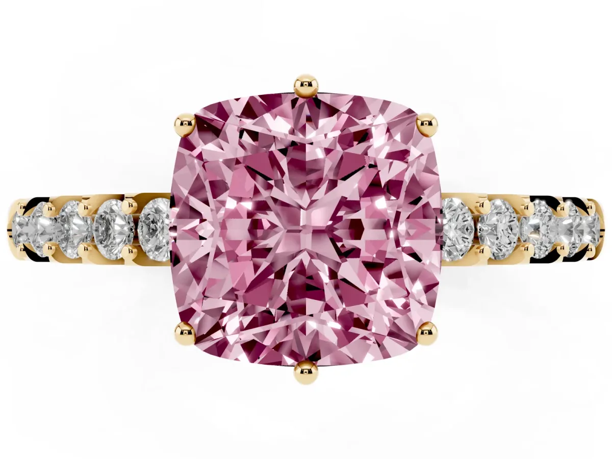 Fancy Pink Cushion Cut Solitaire Diamond Engagement Ring with Pavé Band and Six-Prong Setting Yellow gold