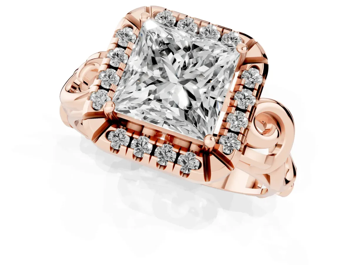 Princess Cut Cut Halo Diamond Ring with Scrollwork Band and Four-Prong Setting Rose gold