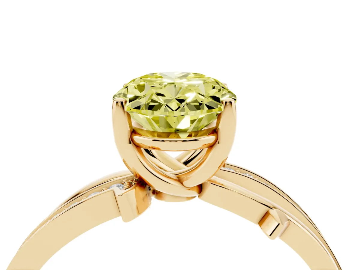 Fancy Yellow Oval Cut Solitaire Twist Band with Pavé Accents and Four-Prong Setting Yellow gold