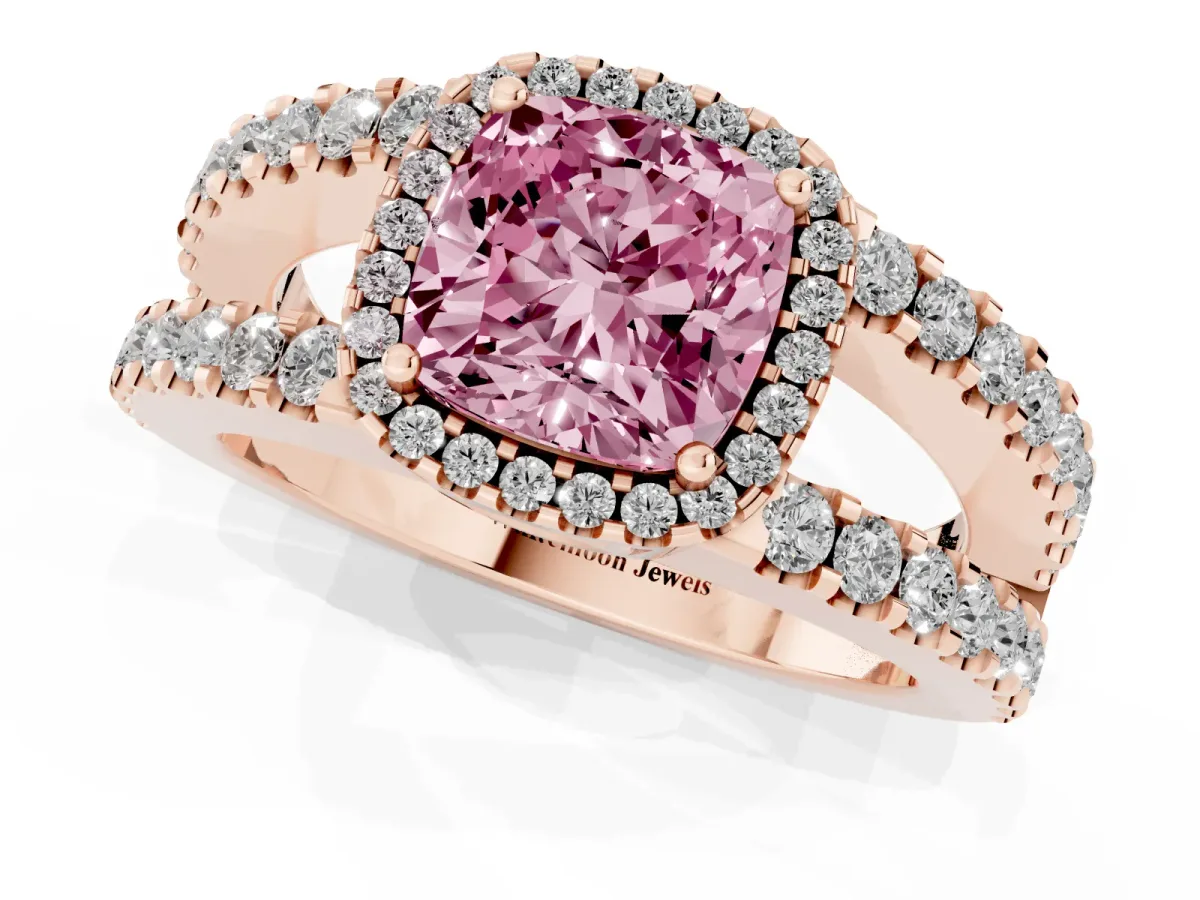 Fancy Pink Cushion Cut Cut Halo Split Shank Diamond Ring with Four-Prong Setting Rose gold