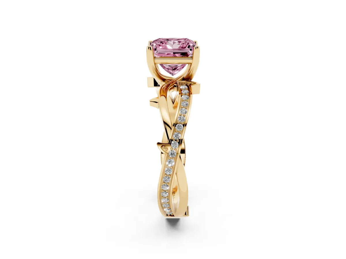 Fancy Pink Princess Cut Solitaire Twist Band with Pavé Accents and Four-Prong Setting Yellow gold