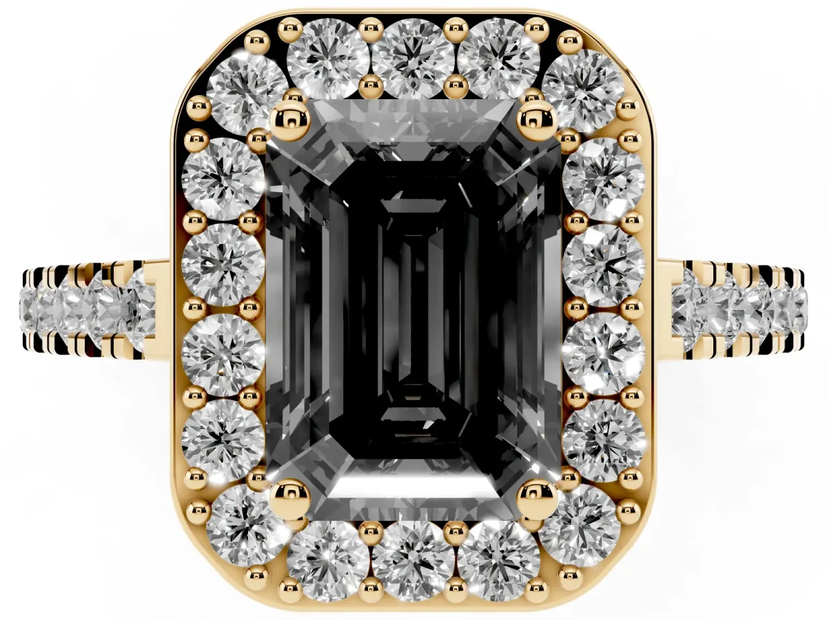 Fancy Black Emerald Cut Diamond Halo Ring with Round Pavé Split Shank and Prong Setting Yellow gold