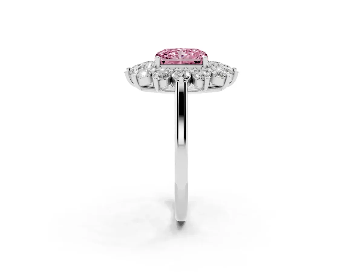 Fancy Pink Radiant Cut Diamond Floral Double Halo Engagement Ring with Prong Setting Silver
