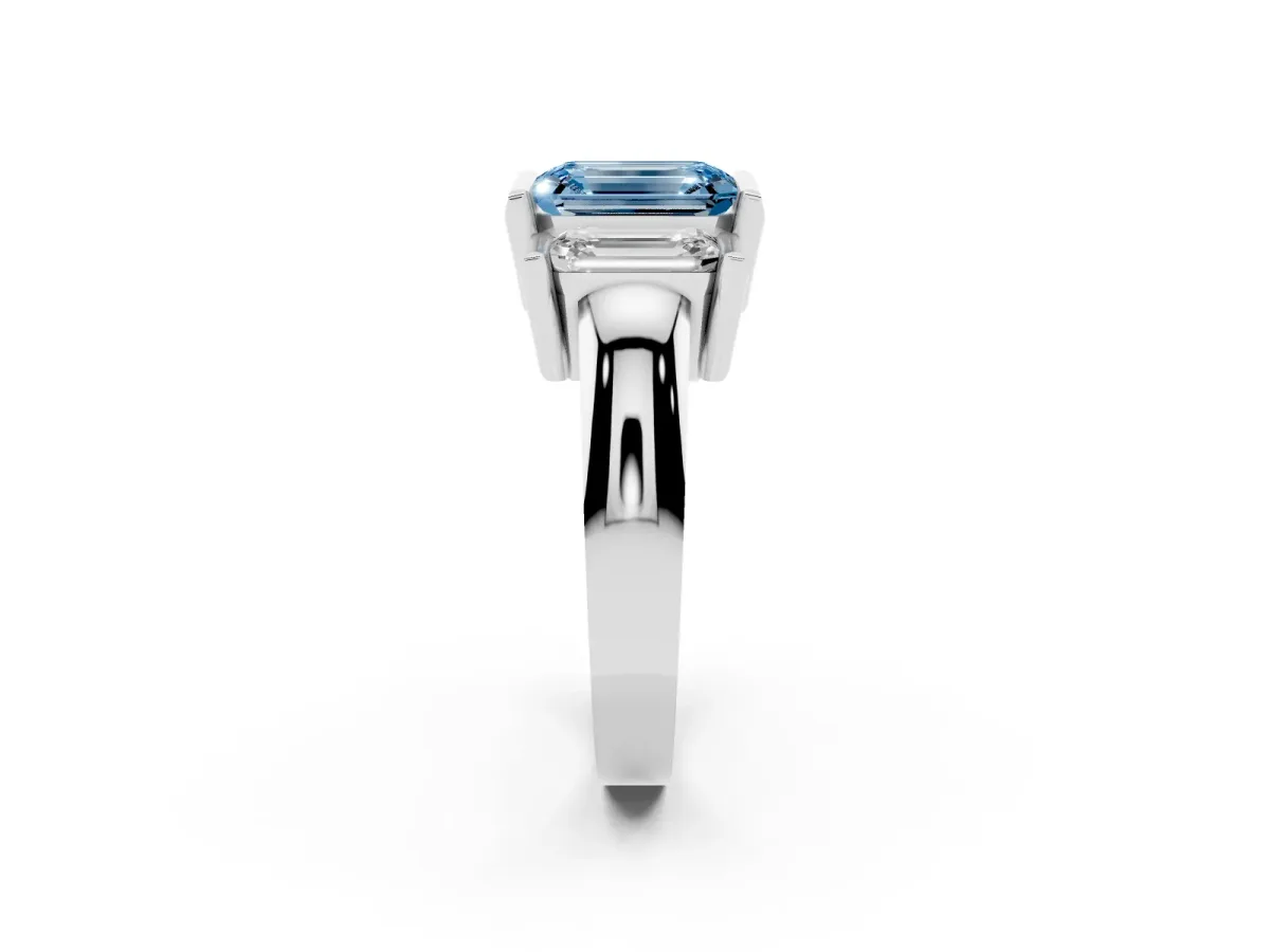 Fancy Blue Three Stone Emerald Cut Cut Channel Set Diamond Ring Silver