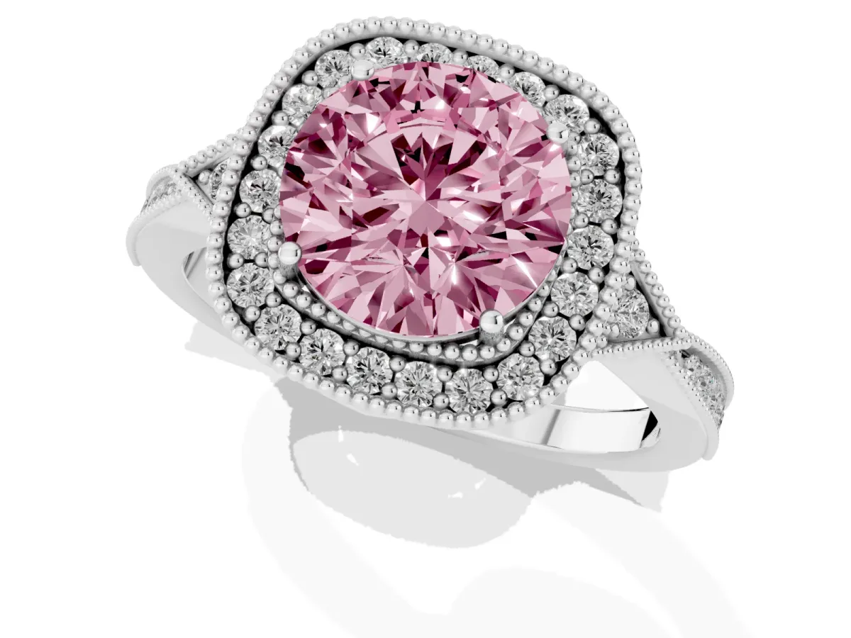 Fancy Pink Round Cut Halo Round Diamond Milgrain Pave Engagement Ring White gold