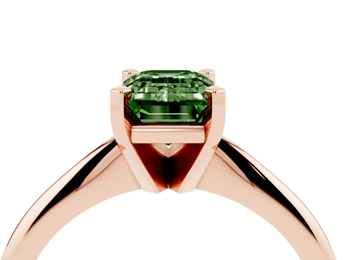 Fancy Green Emerald Cut Cut Solitaire Ring with Four-Prong Setting on a Classic Band Rose gold