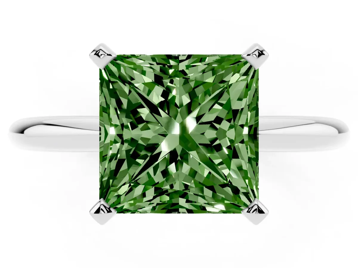 Fancy Green Princess Cut Diamond Solitaire Ring with Prong Setting and Classic Band Silver