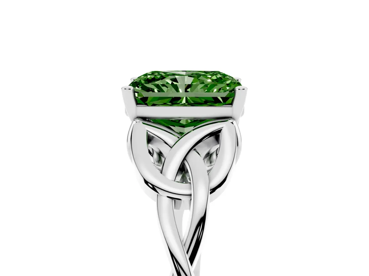 Fancy Green Radiant Cut Diamond Solitaire Engagement Ring with Celtic Knot Band and Four-Prong Setting Platinum