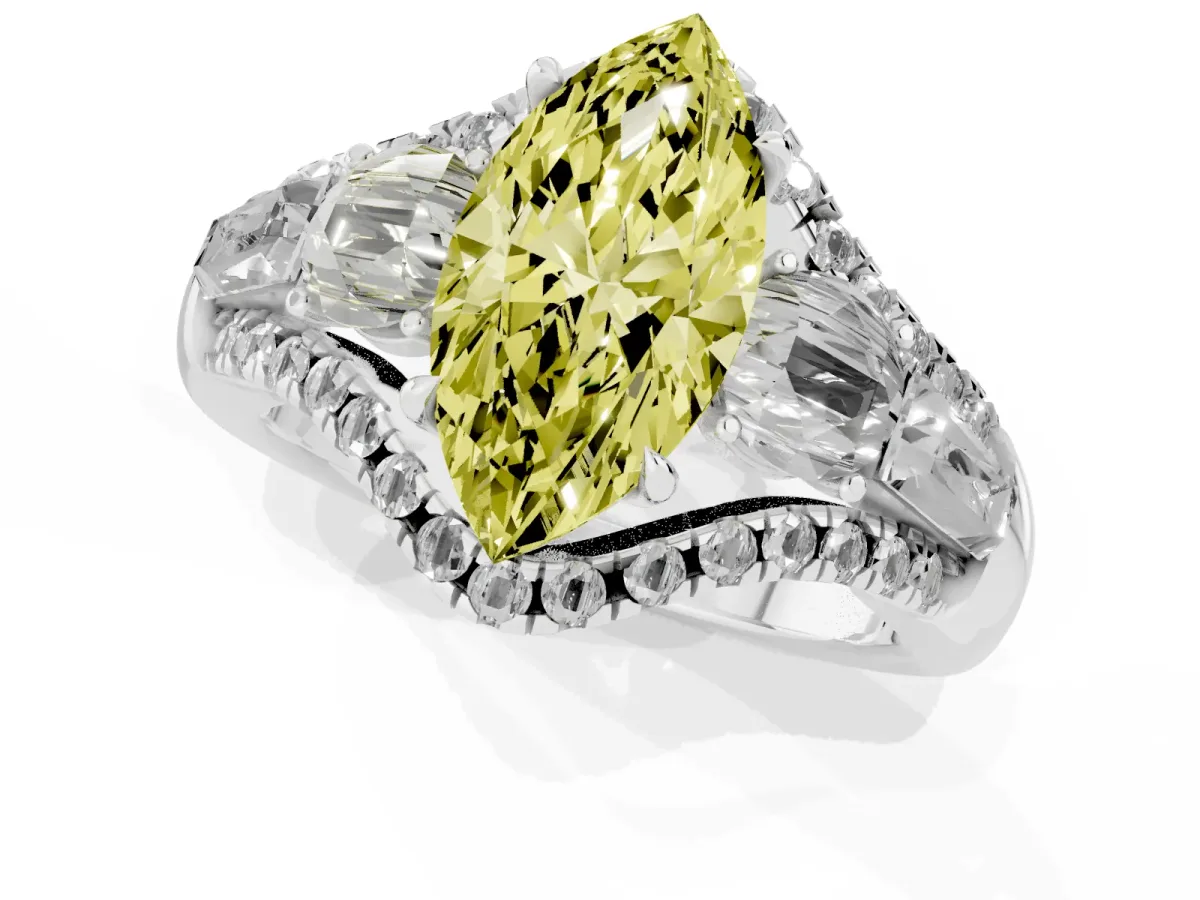 Fancy Yellow Three-Stone Marquise Cut Diamond Engagement Ring with Pave Band and Prong Setting Silver