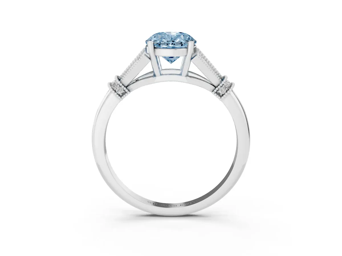 Fancy Blue Oval Cut Diamond Solitaire Ring with Floral Filigree and Pave Accents Silver