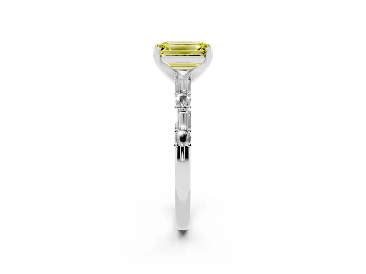Fancy Yellow Emerald Cut Diamond Solitaire with Side Baguettes and Channel Set Band Silver