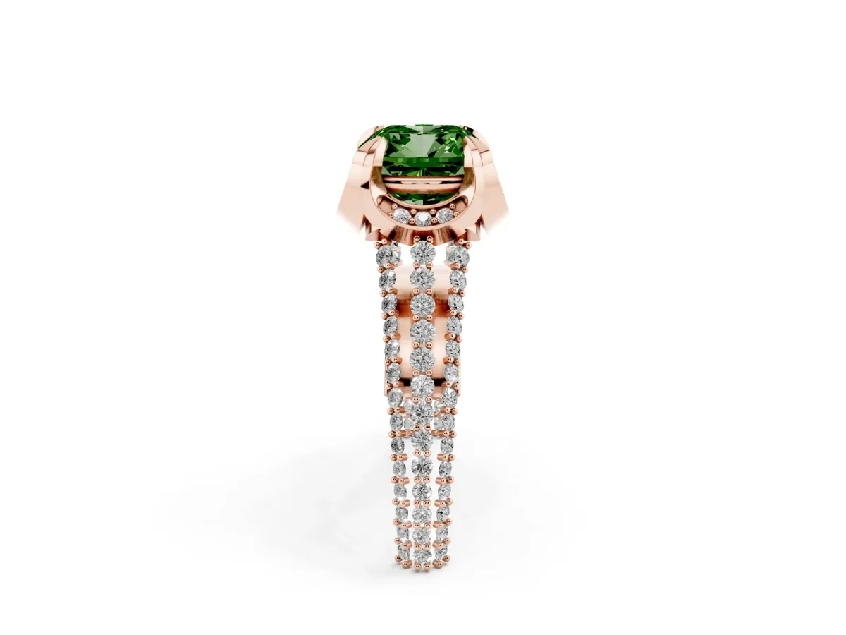 Fancy Green Cushion Cut Solitaire Pave Split Shank Ring with Four-Prong Setting Rose gold