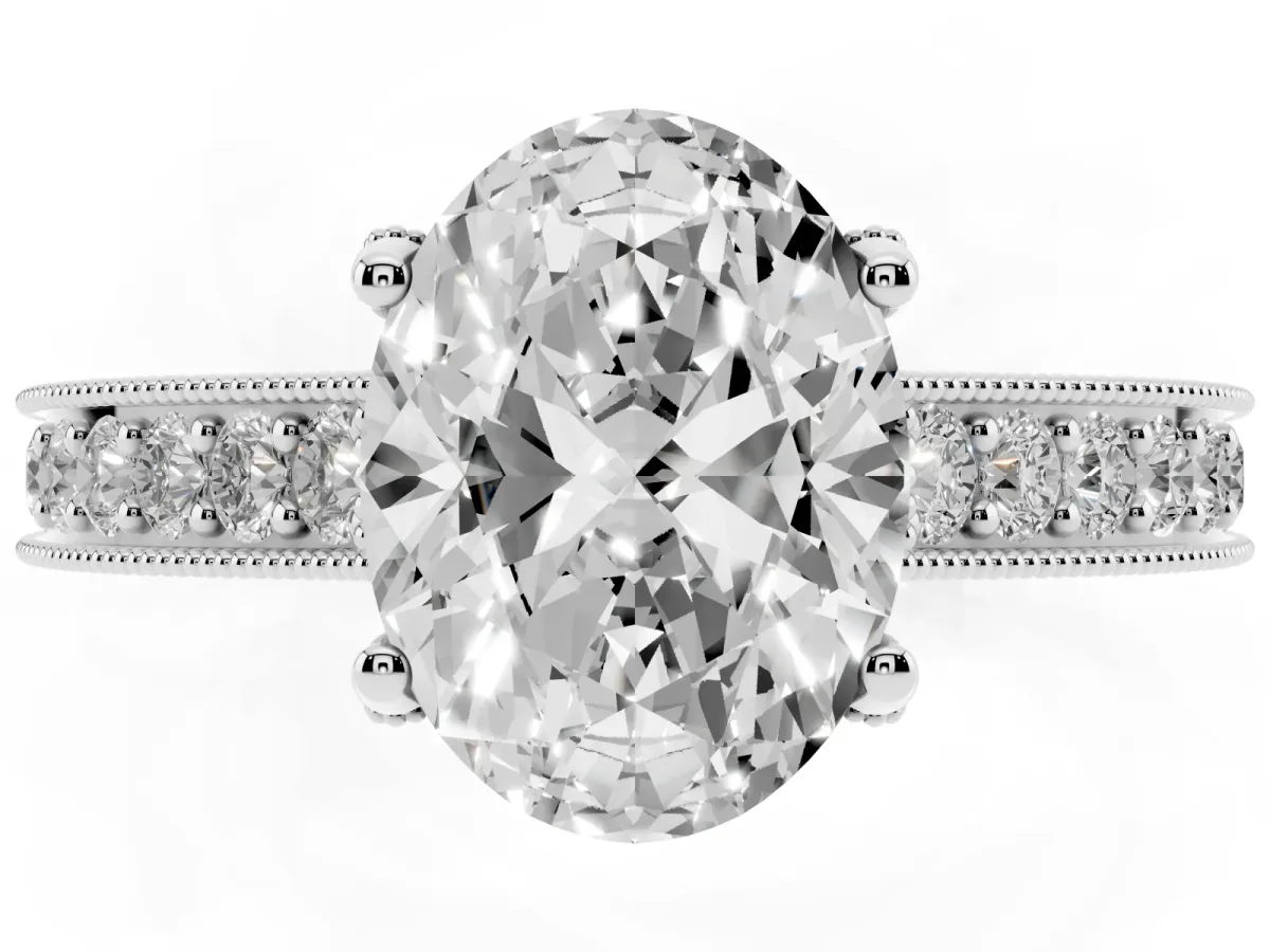 Oval Cut Cut Diamond Solitaire Ring with Milgrain Pave Band and Four Prong Setting Platinum