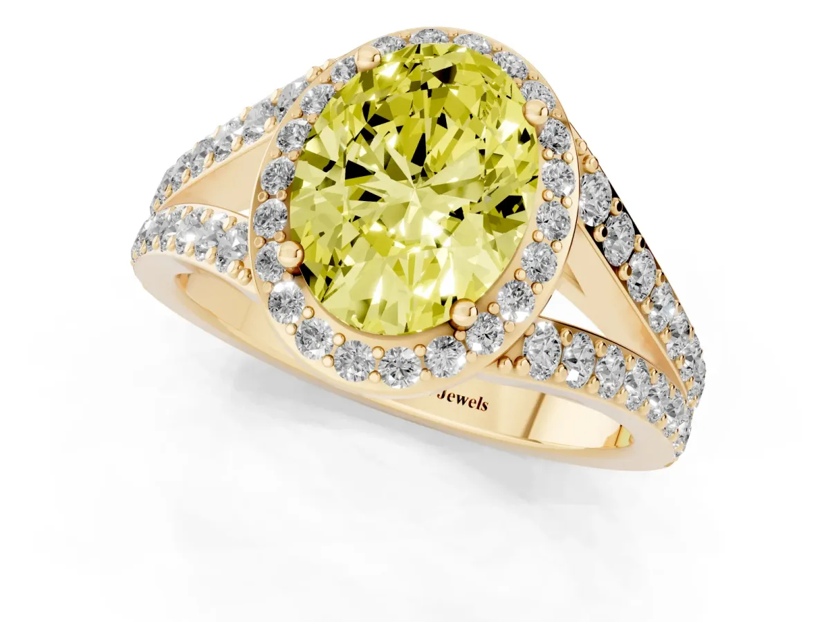 Fancy Yellow Oval Cut Diamond Split Shank Halo Ring with Four-Prong Setting Yellow gold