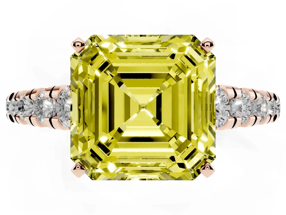 Fancy Yellow Asscher Cut Diamond Cathedral Solitaire Ring with Round Pavé Band Rose gold