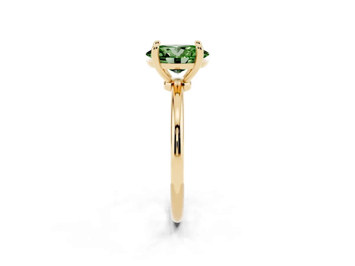 Fancy Green Oval Cut Solitaire Diamond Ring with 4-Prong Setting on a Classic Band Yellow gold