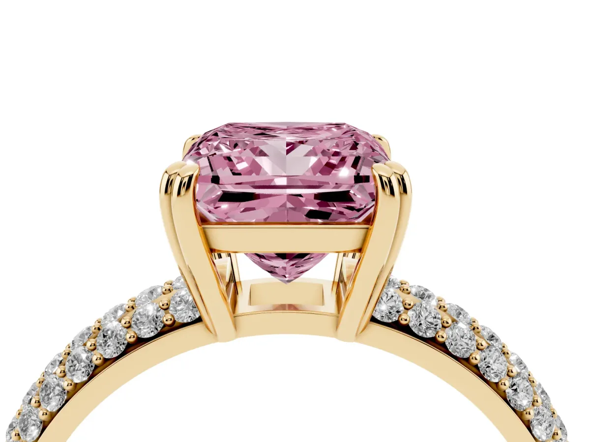 Fancy Pink Princess Cut Diamond Solitaire Ring with Multi-Row Round Pavé Band and Prong Setting Yellow gold