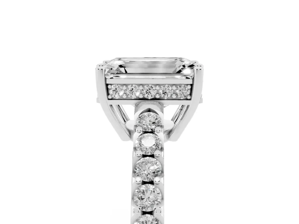 Emerald Cut Solitaire Diamond Engagement Ring with Pavé Band and Six-Prong Setting White gold