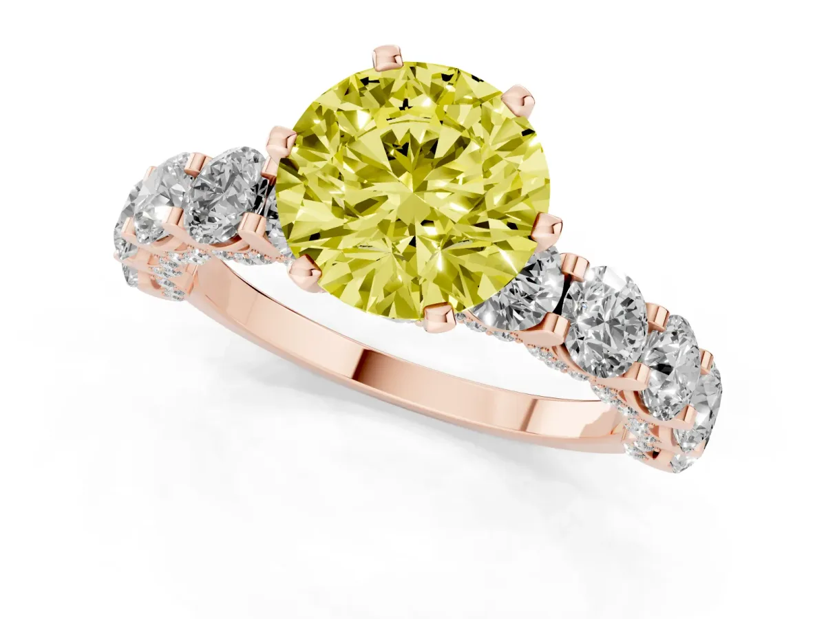 Fancy Yellow Round Cut Diamond Side Stone Engagement Ring with Four-Prong Setting Rose gold