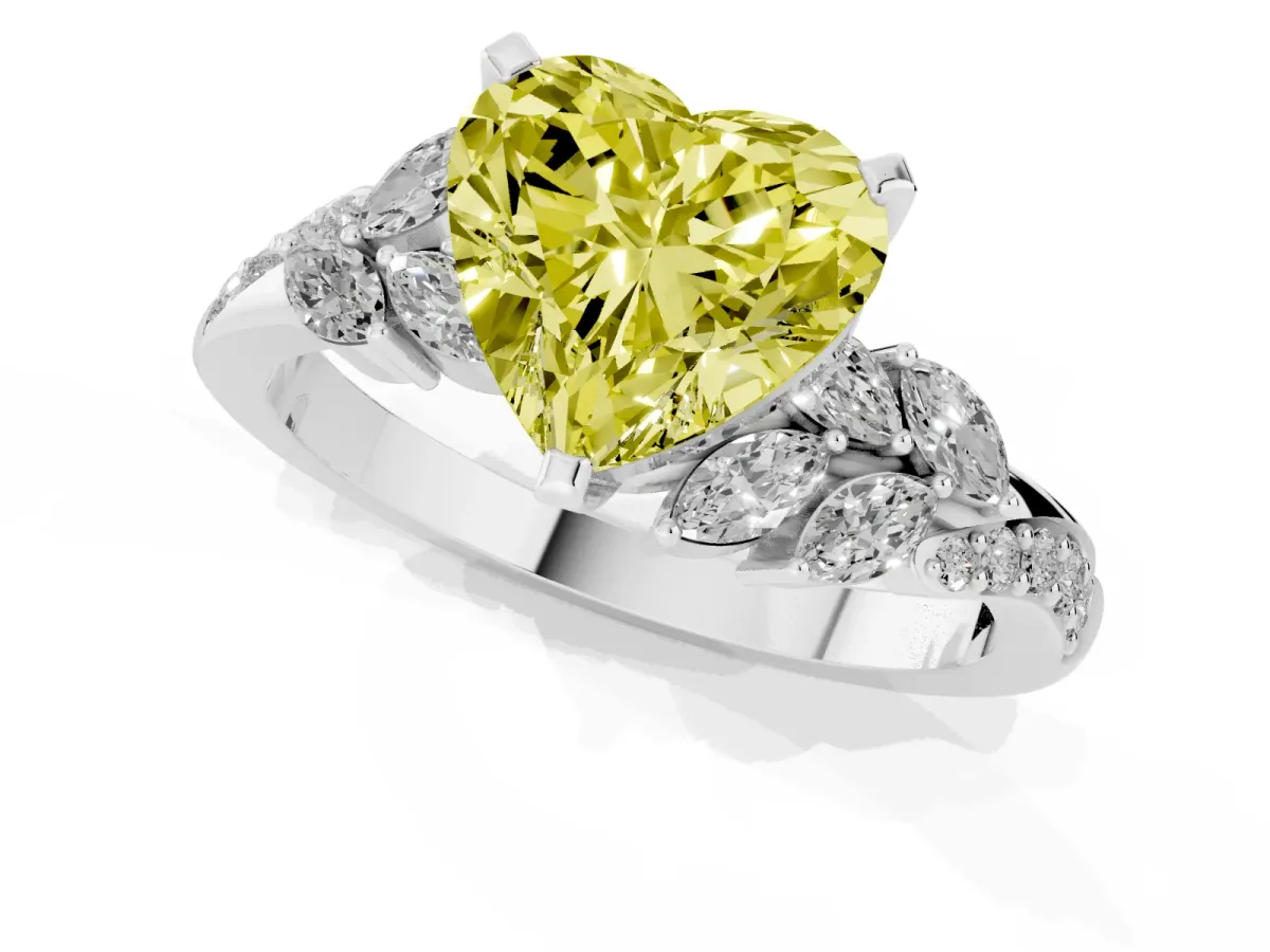 Fancy Yellow Heart Cut Solitaire Marquise Twist Band with Six-Prong Setting Silver