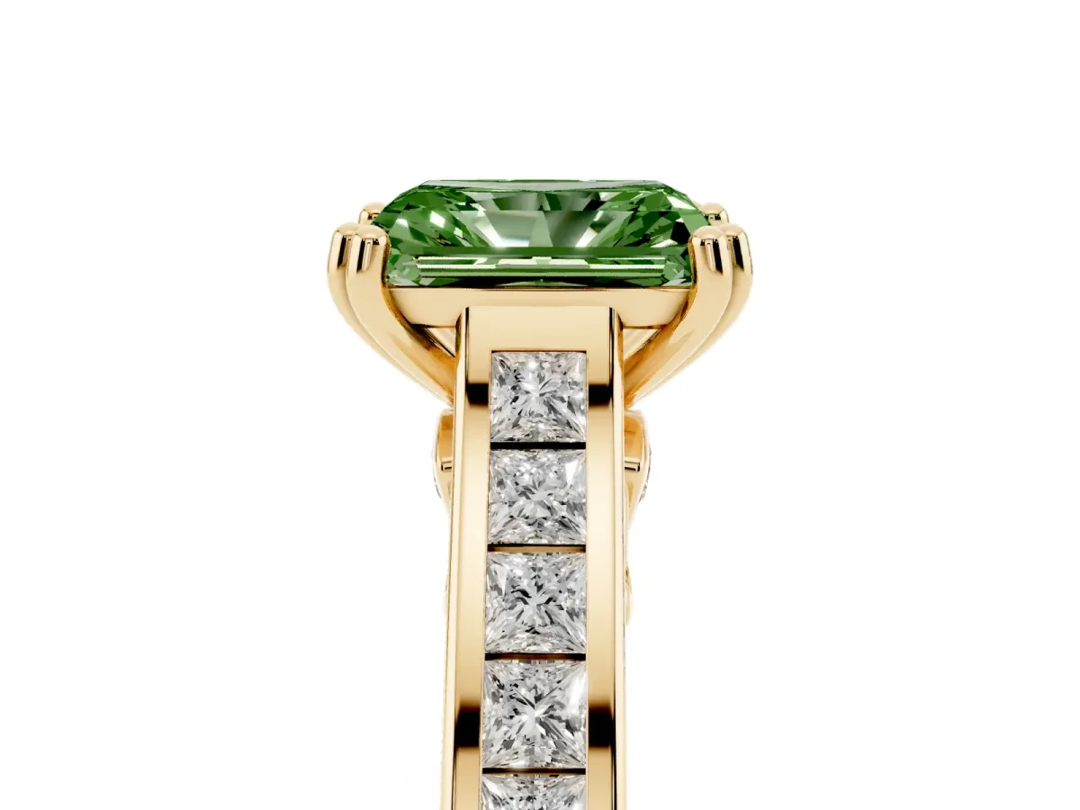 Fancy Green Radiant Cut Cut Channel Set Solitaire Engagement Ring with Prong Setting Yellow gold