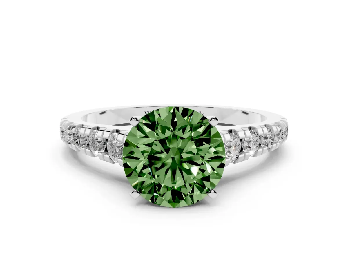 Fancy Green Round Cut Diamond Cathedral Solitaire Ring with Round Pavé Band Silver