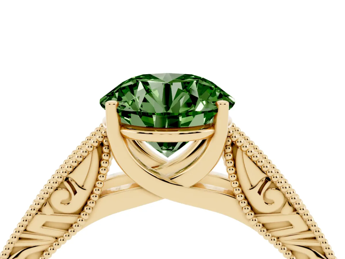 Fancy Green Round Cut Diamond Solitaire Ring with Engraved Band and Four-Prong Setting Yellow gold