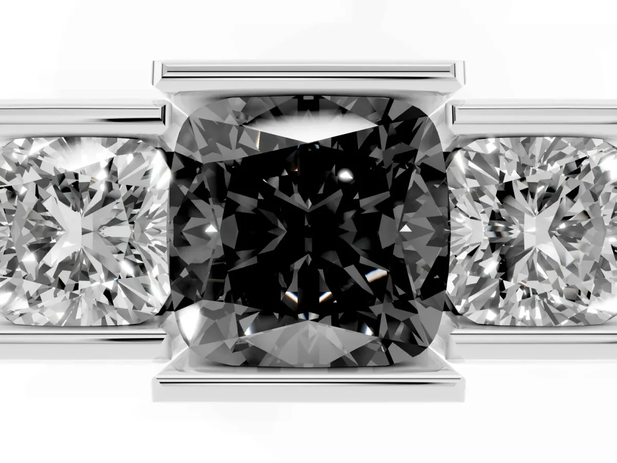 Fancy Black Three Stone Cushion Cut Cut Channel Set Diamond Ring Platinum