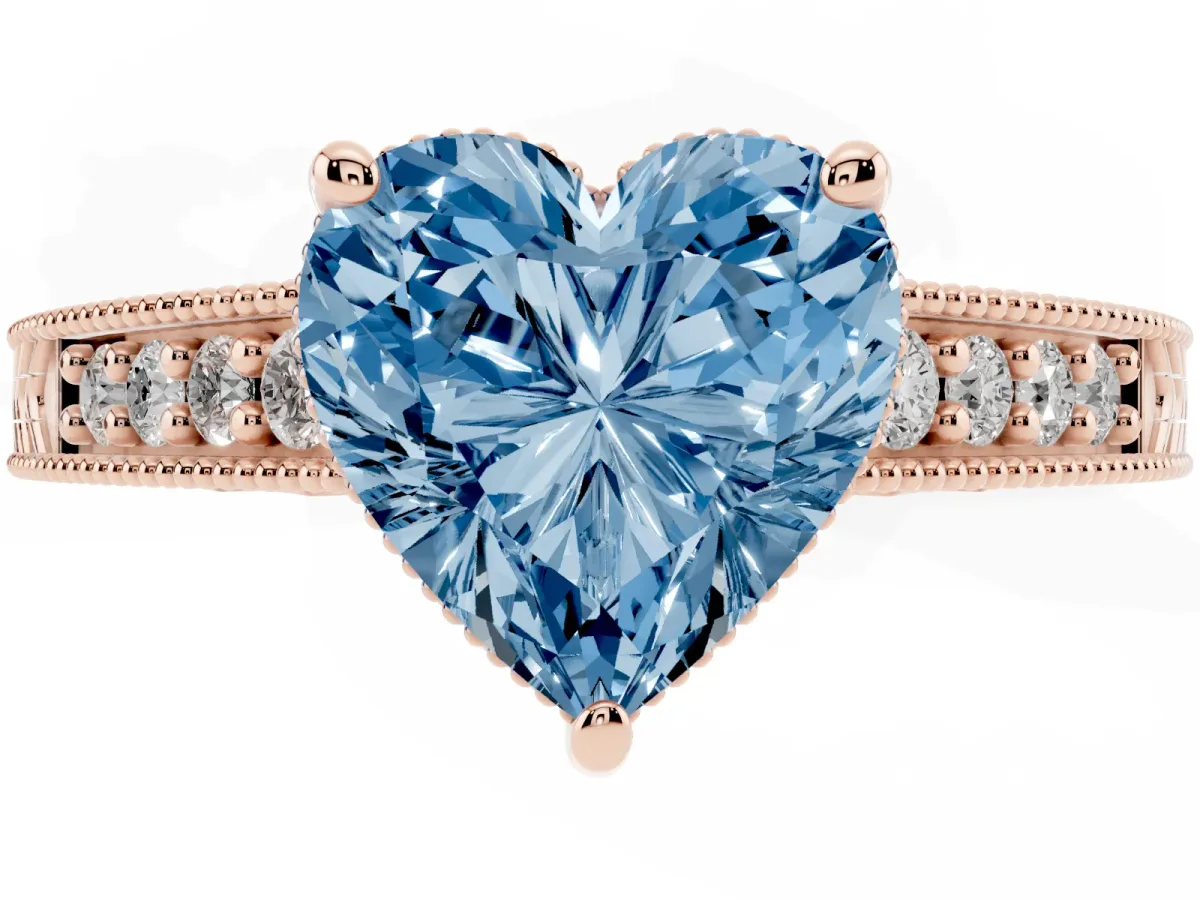 Fancy Blue Heart Cut Solitaire Pavé Diamond Milgrain Engagement Ring with Four-Prong Setting Rose gold