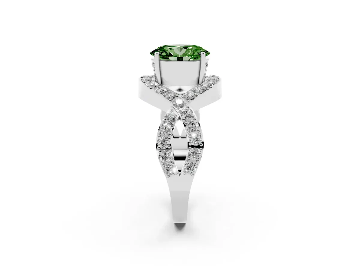 Fancy Green Oval Cut Solitaire Twist Band Pavé Diamond Engagement Ring Platinum