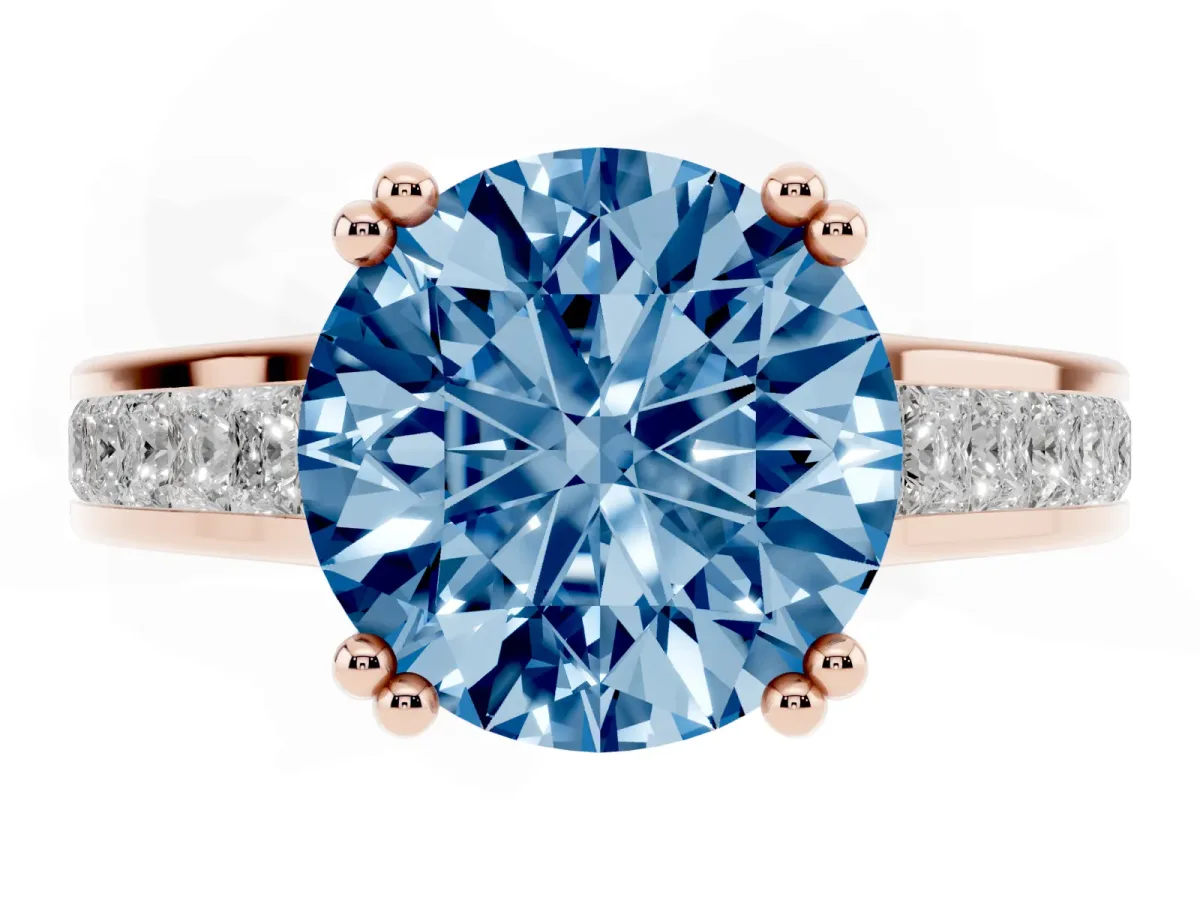 Fancy Blue Round Cut Cut Channel Set Solitaire Engagement Ring with Prong Setting Rose gold