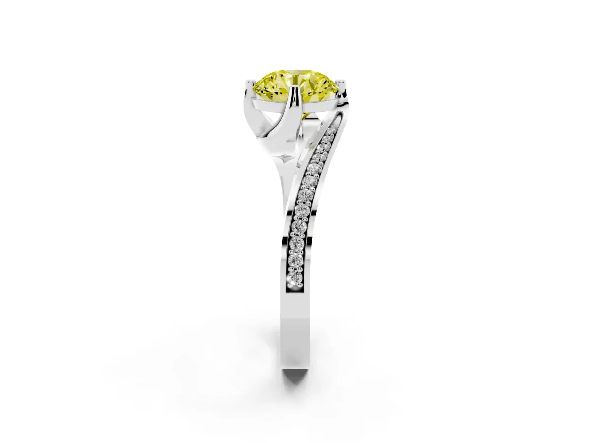 Fancy Yellow Round Cut Solitaire Diamond Twist Band with Pavé Setting and Four-Prong Setting Silver