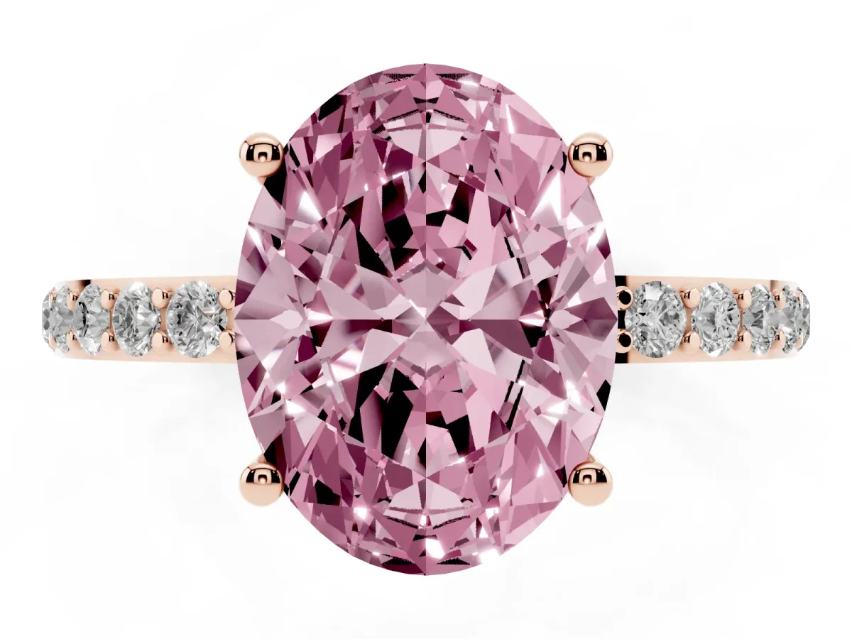 Fancy Pink Oval Cut Diamond Solitaire Ring with Round Pavé Shoulders and Prong Setting Rose gold
