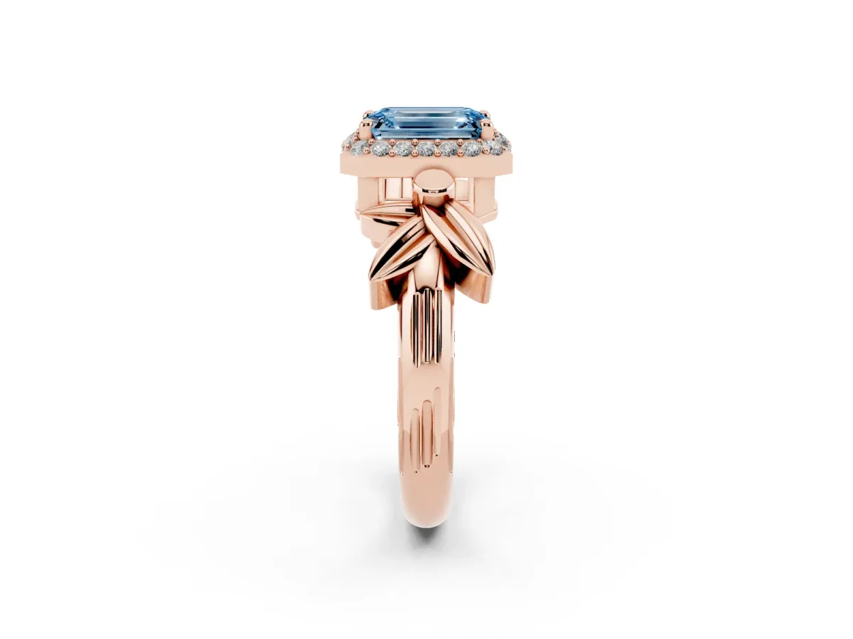 Fancy Blue Emerald Cut Halo Diamond Floral Band with Four-Prong Setting Rose gold